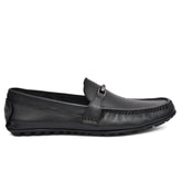 Side profile of Black/Silver Buckled Leather Loafers highlighting the flexible sole and comfortable fit.